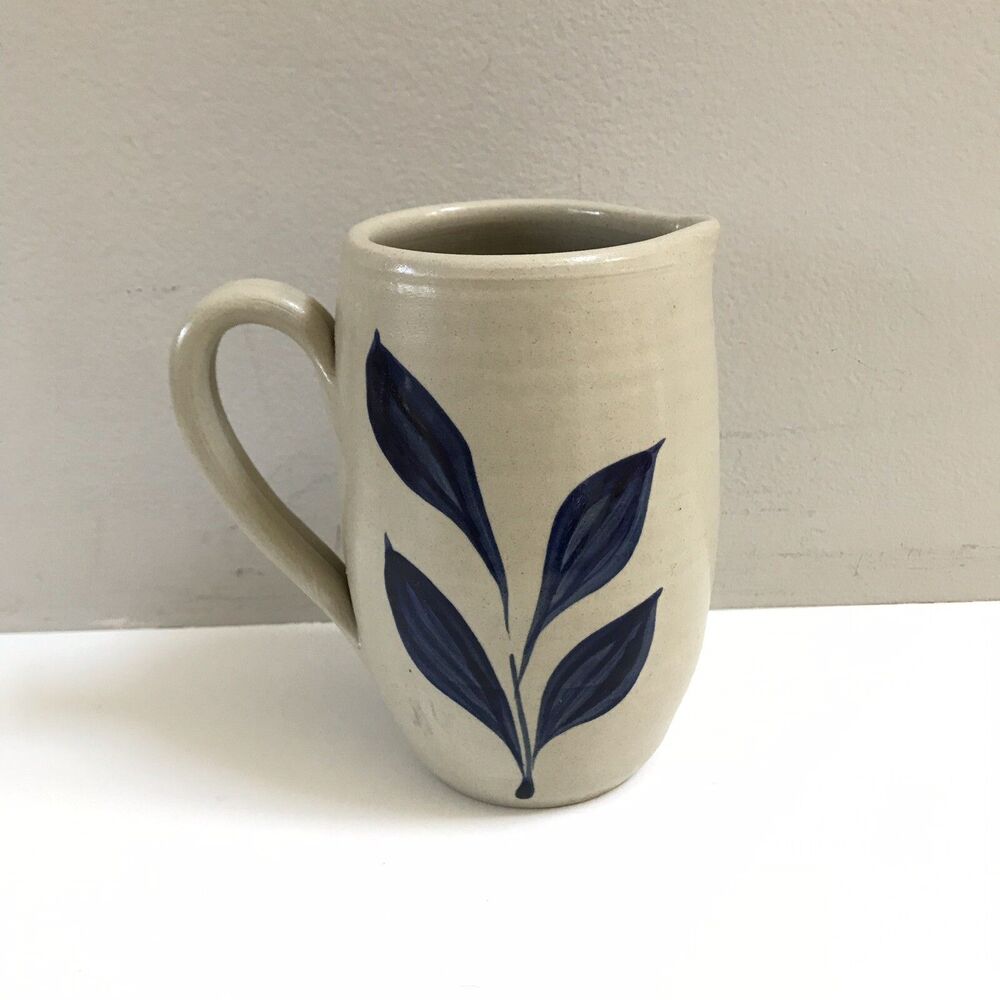 Vintage Williamsburg Pottery Salt Glazed Blue Leaves Pitcher Hand painted 6”